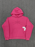 Sp5der Rhinestone Silk Hoodie in pink featuring a prominent rhinestone spiderweb graphic