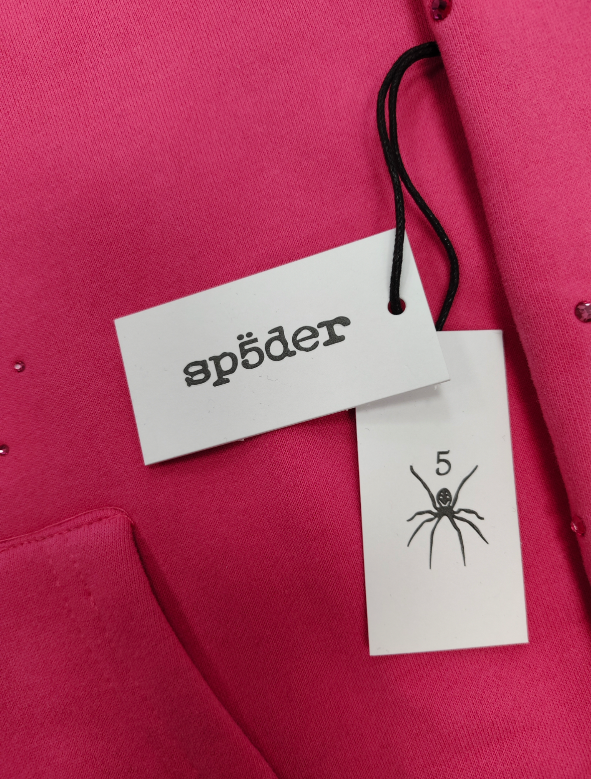 Sp5der Rhinestone Silk Hoodie in pink featuring a prominent rhinestone spiderweb graphic