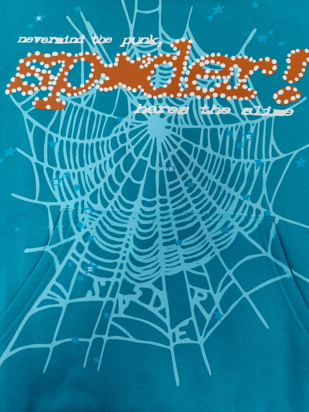 a Sp5der Punk V2 Hoodie in the Cyan colorway, featuring a prominent rhinestone graphic and spider web motif