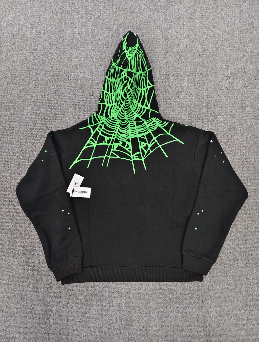 Sp5der Heavy Web Hoodie in black features a striking green and white star graphic print