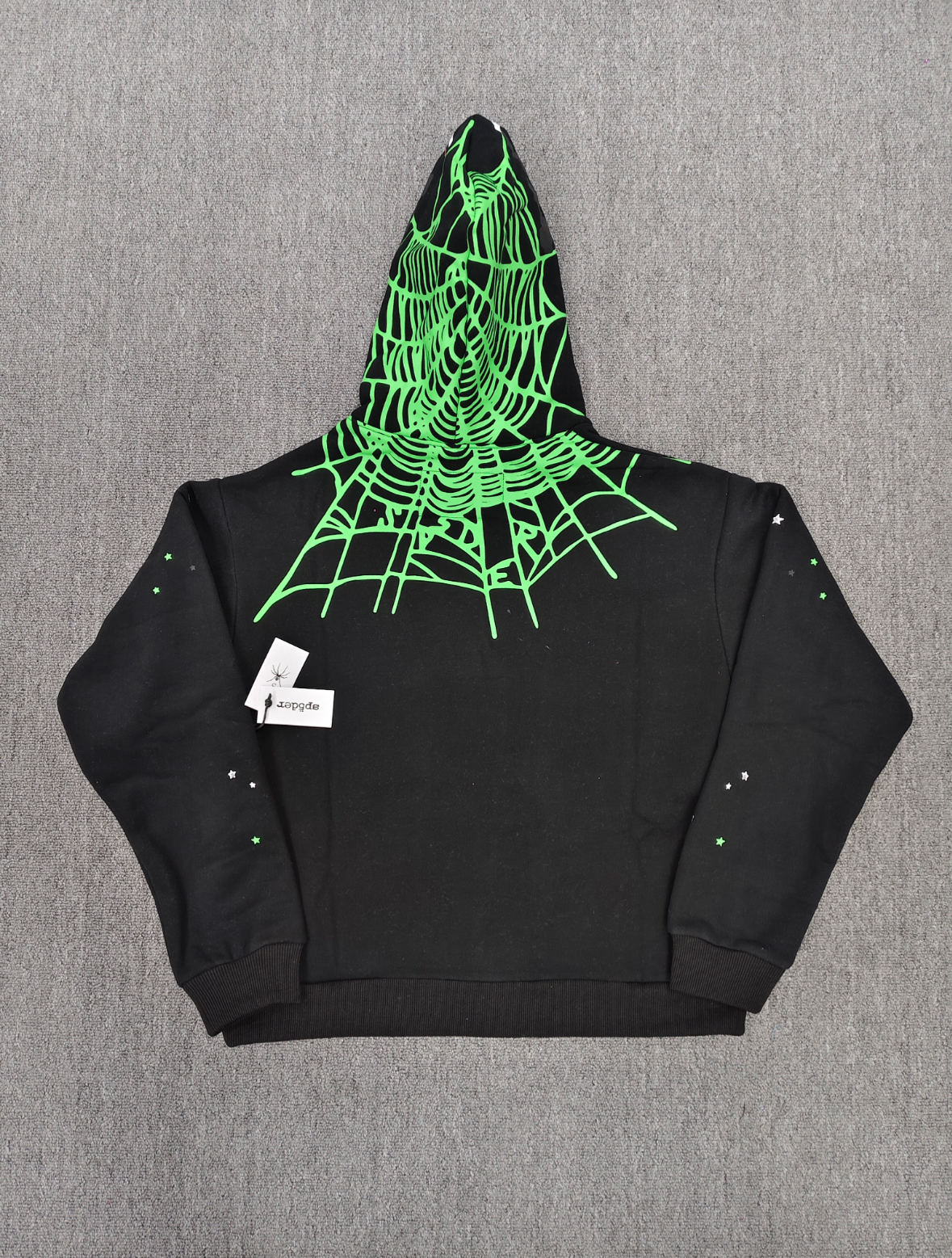 Sp5der Heavy Web Hoodie in black features a striking green and white star graphic print