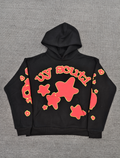 Sp5der x UY SCUTI Hoodie in black features prominent red star graphics