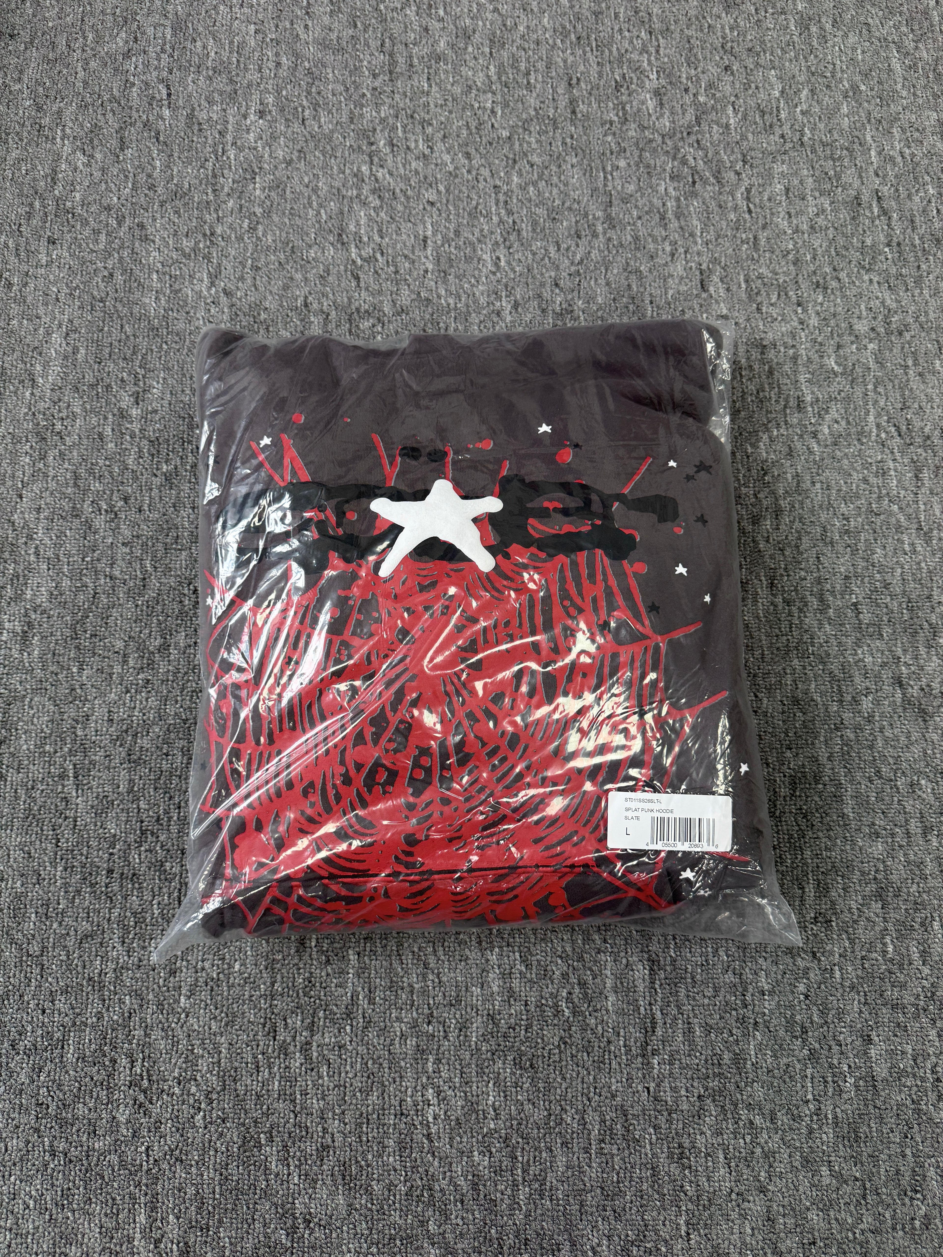 slate grey Sp5der Splat Punk Hoodie features a prominent red spider-web graphic with white star accents