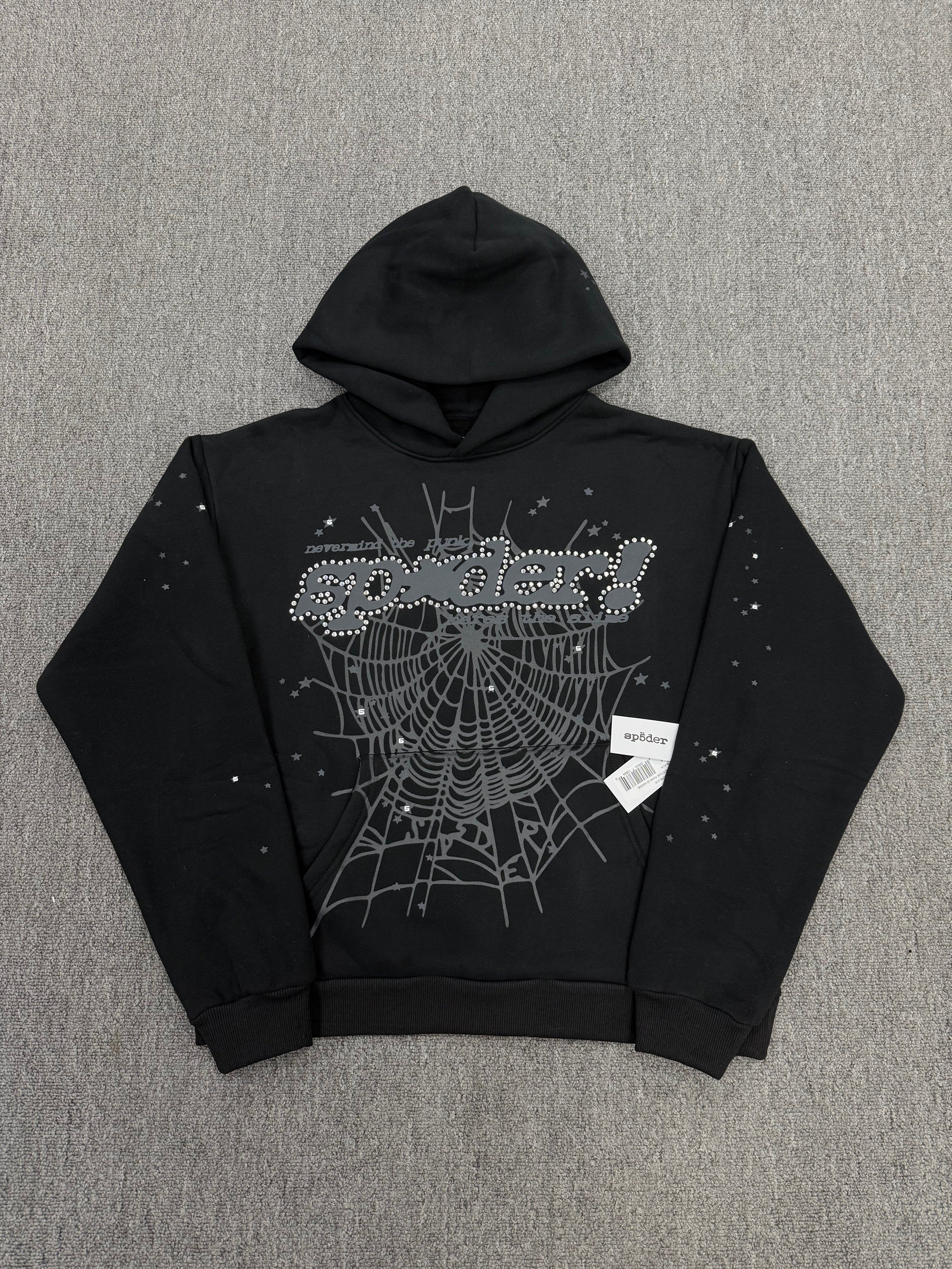 Sp5der Rhinestone Punk V2 hoodie in black with rhinestone web graphics