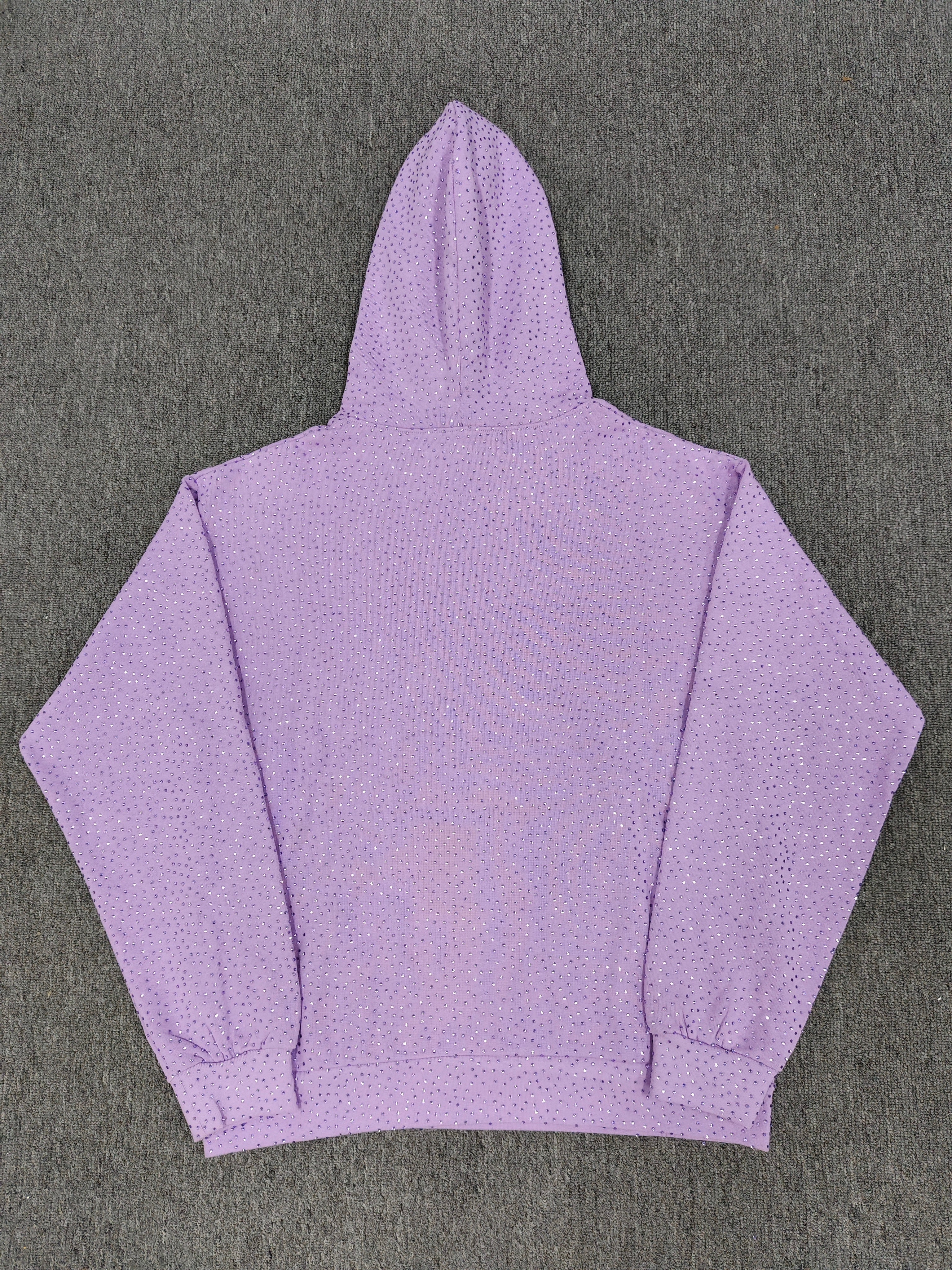 light purple Sp5der rhinestone arch logo hoodie is crafted from cotton fleece and features a glittering finish