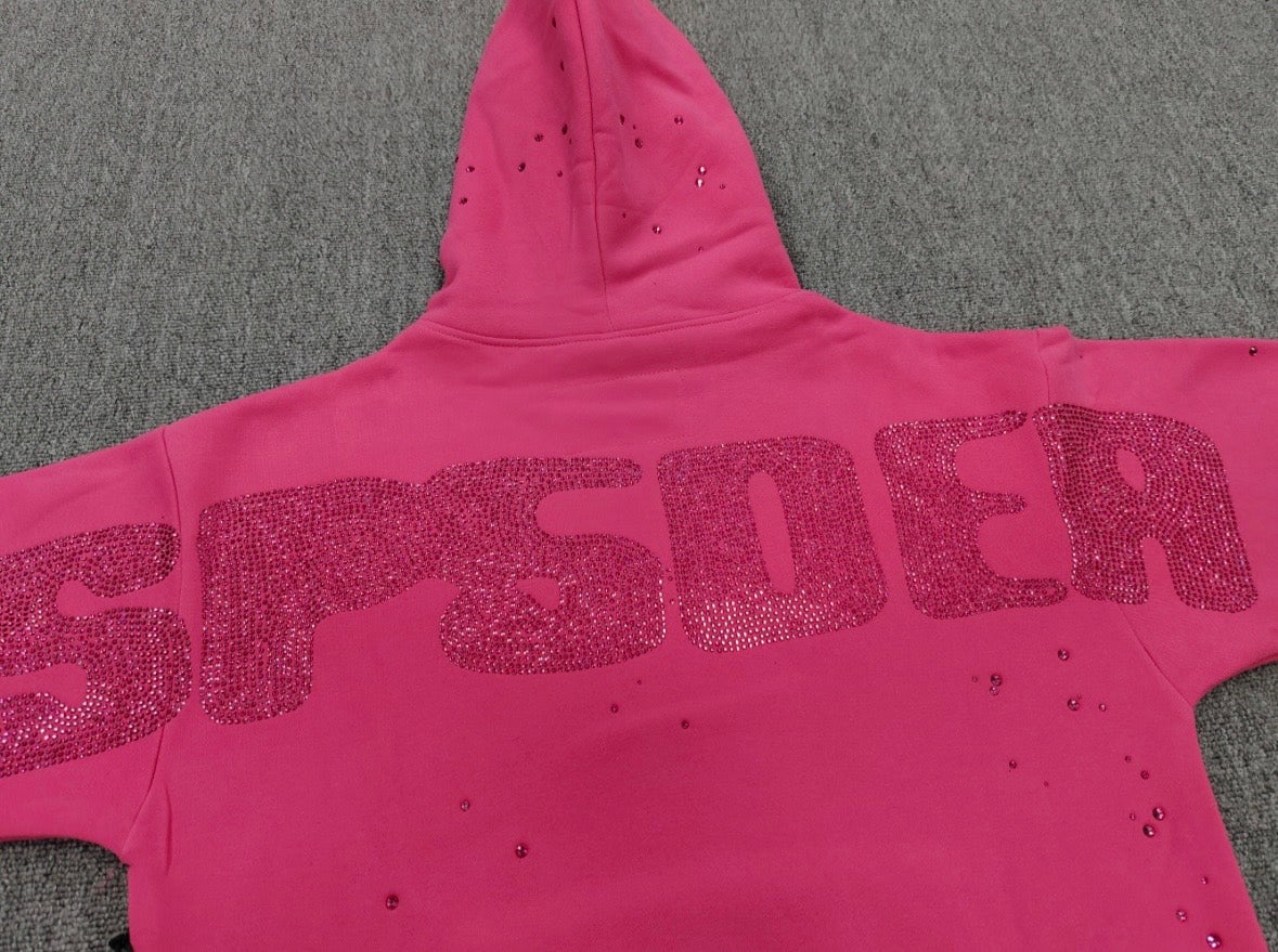 Sp5der Rhinestone Silk Hoodie
'Pink'