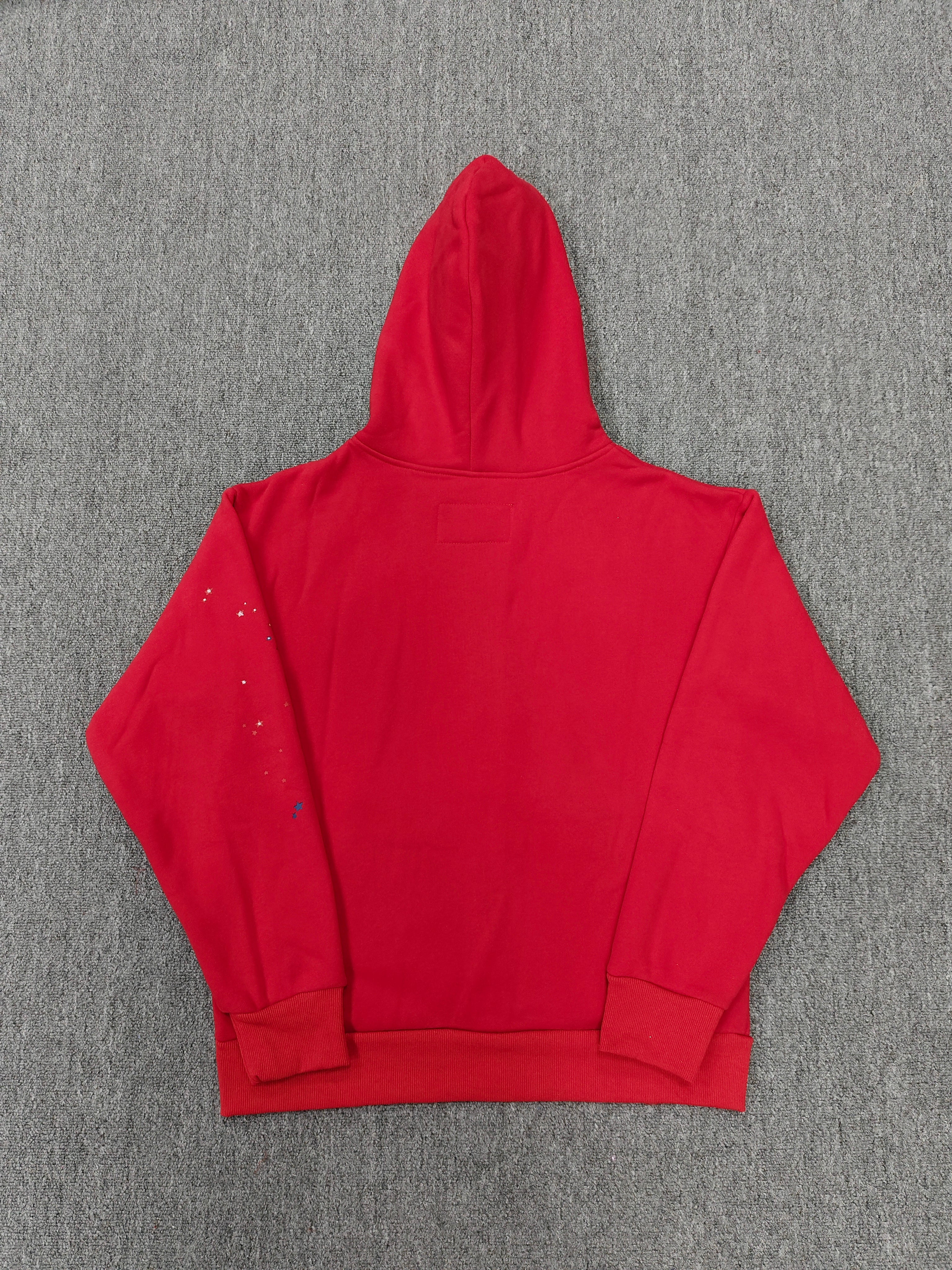 Sp5der Angel Number zip hoodie in red features a prominent sparkly spider web graphic on the chest
