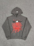 slate grey Sp5der Splat Punk Hoodie features a prominent red spider-web graphic with white star accents