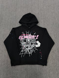 SP5DER CB Punk V2 Hoodie features a bold pink and white cobweb graphic on the chest
