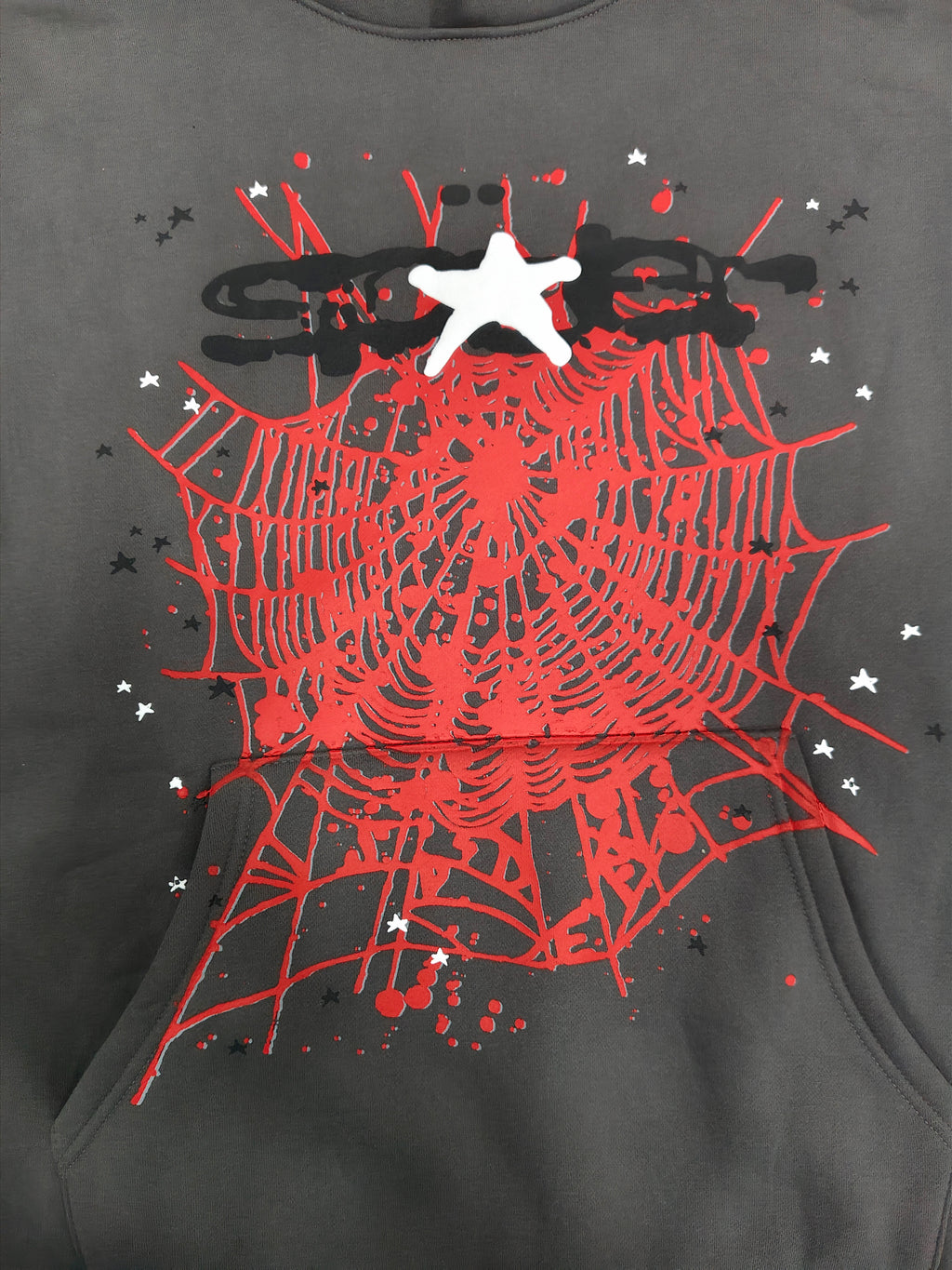 slate grey Sp5der Splat Punk Hoodie features a prominent red spider-web graphic with white star accents