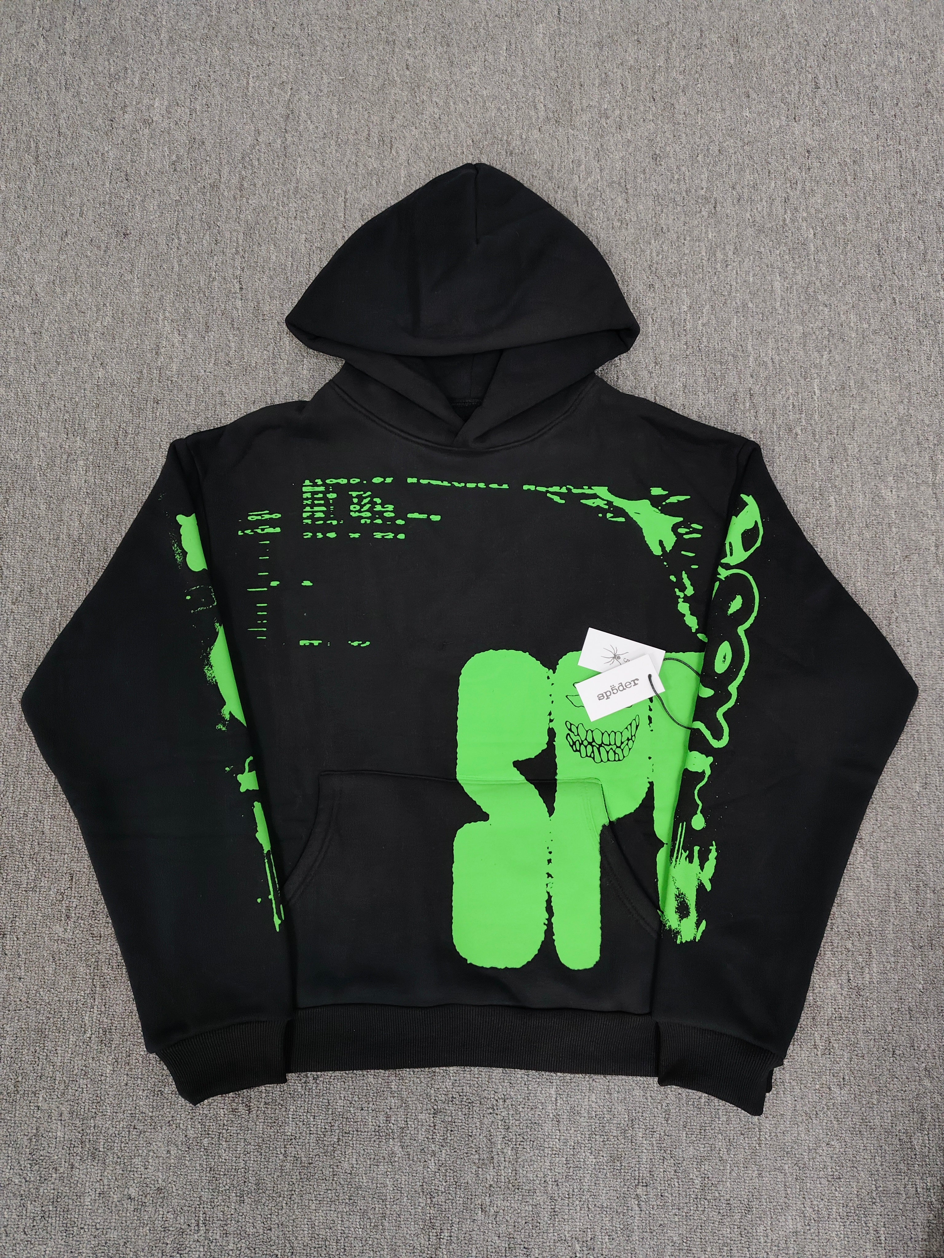 Sp5der Black Neon Green Skull Graphic Hoodie, featuring bold neon green graphics on a black base