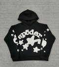 black Sp5der hoodie features reflective white graphic prints of the brand name and stars