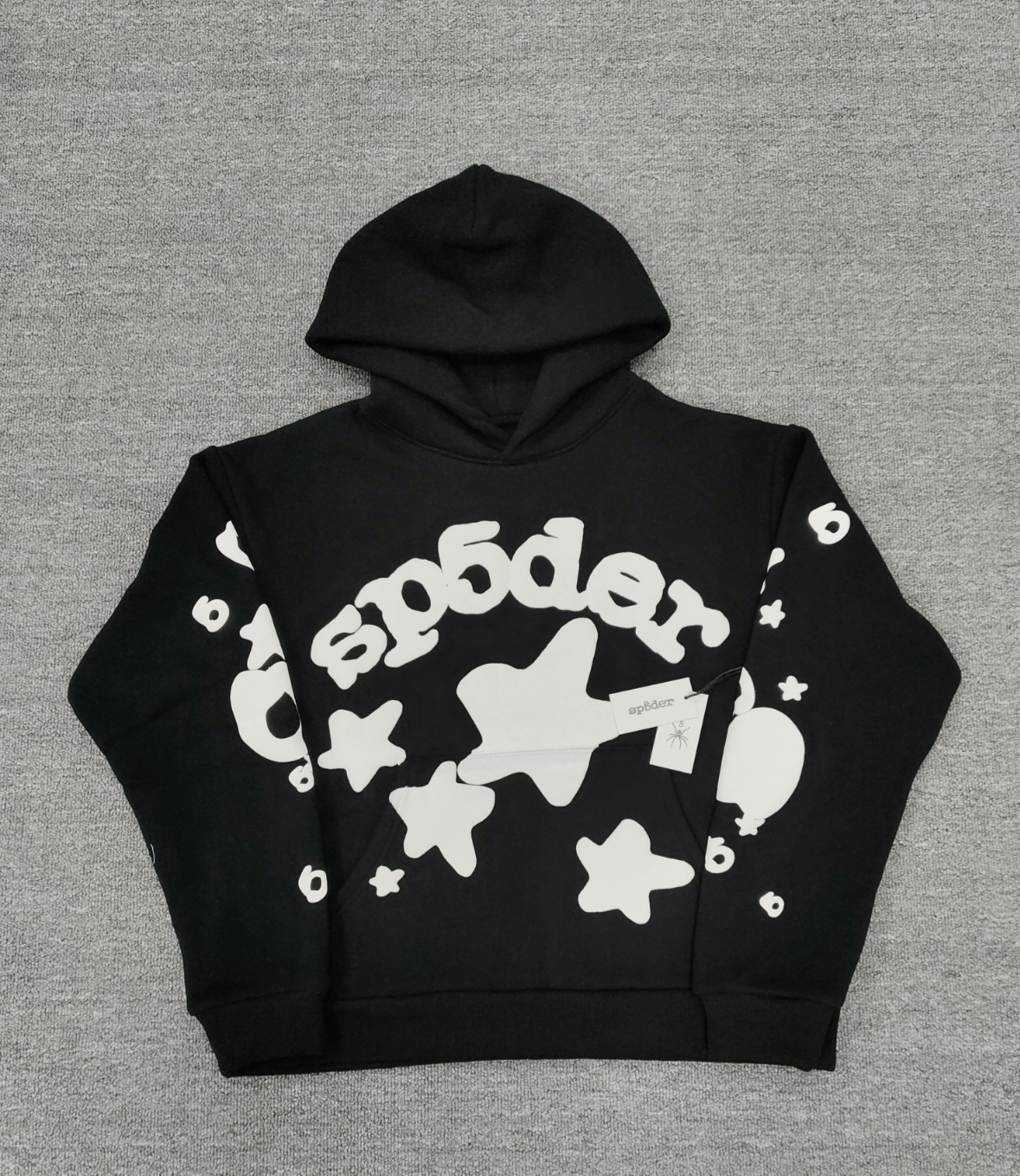 black Sp5der hoodie features reflective white graphic prints of the brand name and stars
