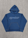 a blue Sp5der Punk V3 Studded Hoodie, featuring rhinestone-accented branding and silver stud details along the hood, logo, and pocket
