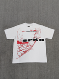Sp5der Spinner T-Shirt in white, featuring a distinctive red web graphic and black lettering