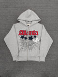 Sp5der Atlanta Full Zip Hoodie in Heather Grey, featuring a red "Atlanta" logo graphic with navy blue star accents