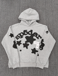 Sp5der Worldwide Beluga hoodie features a distinctive black star graphic across the chest on a light grey heather fabric