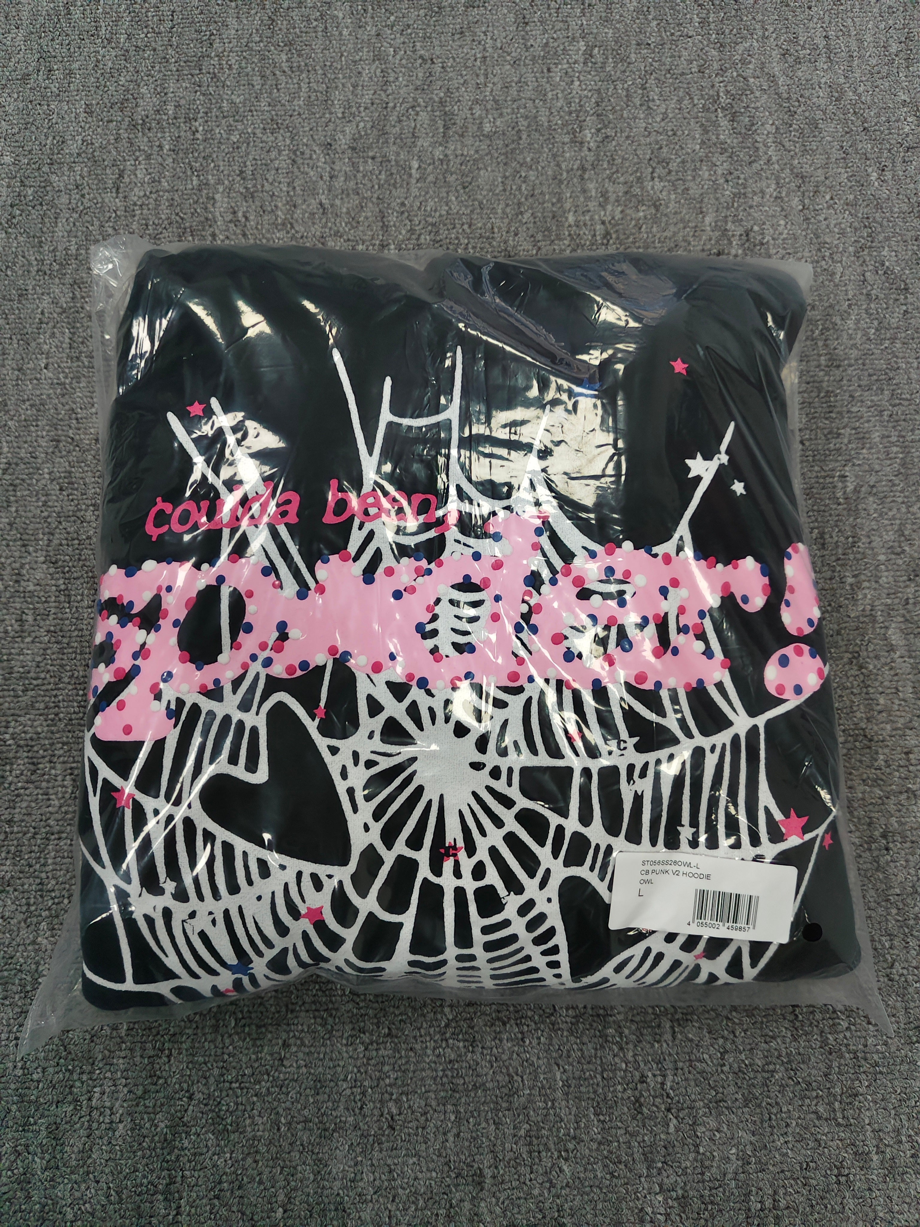 SP5DER CB Punk V2 Hoodie features a bold pink and white cobweb graphic on the chest