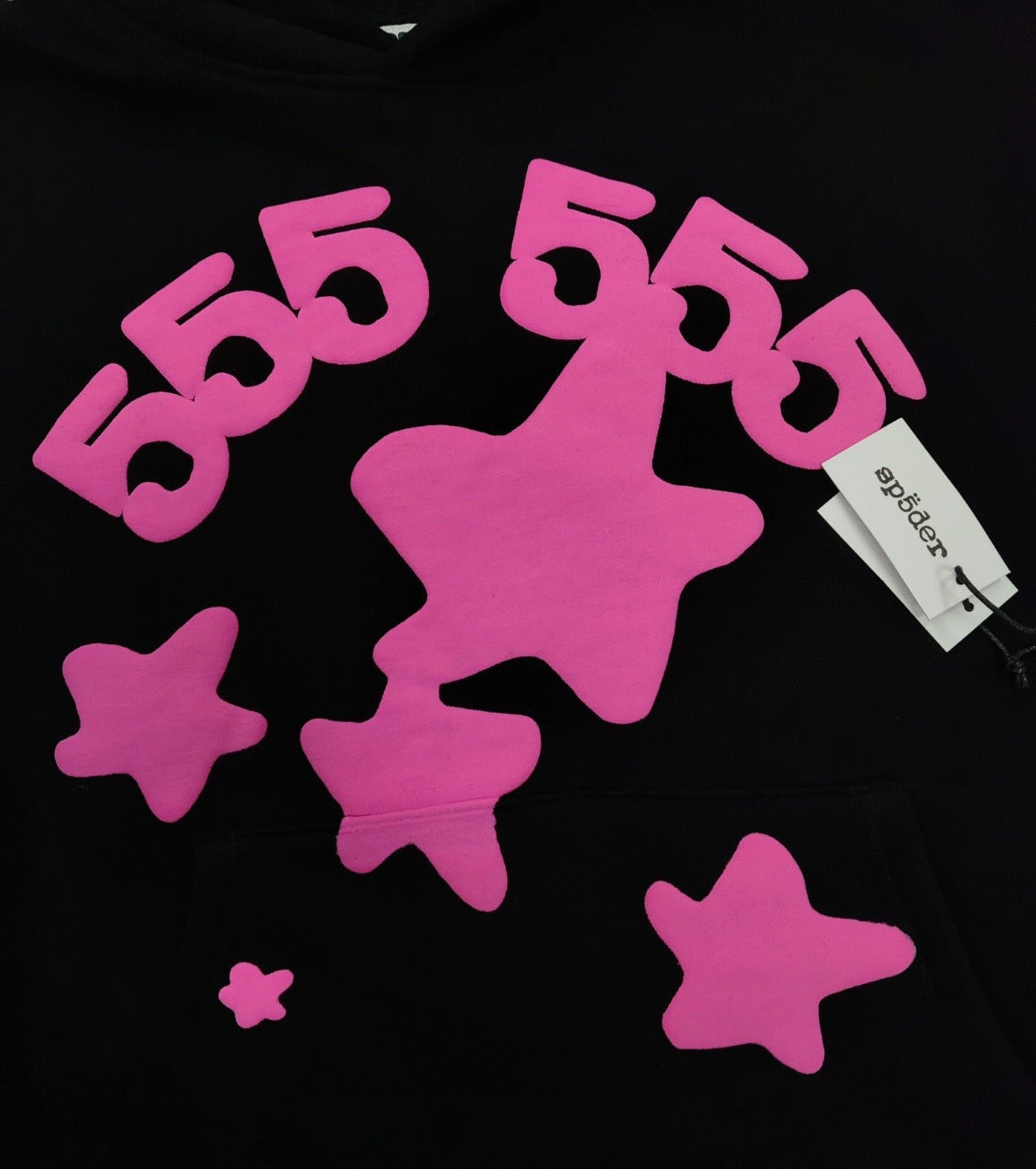 Sp5der Angel Number Beluga Hoodie in black with pink graphics