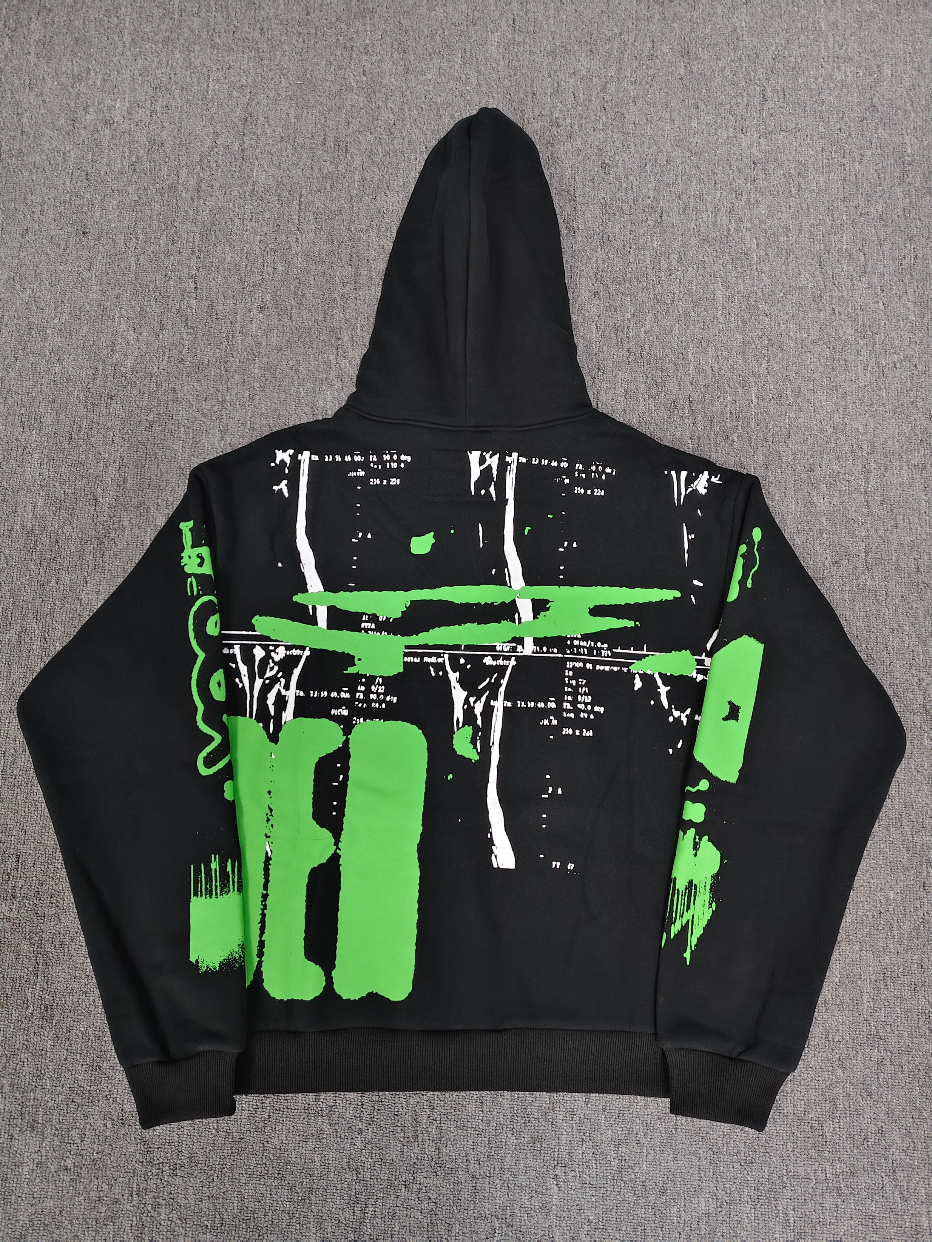 Sp5der Black Neon Green Skull Graphic Hoodie, featuring bold neon green graphics on a black base