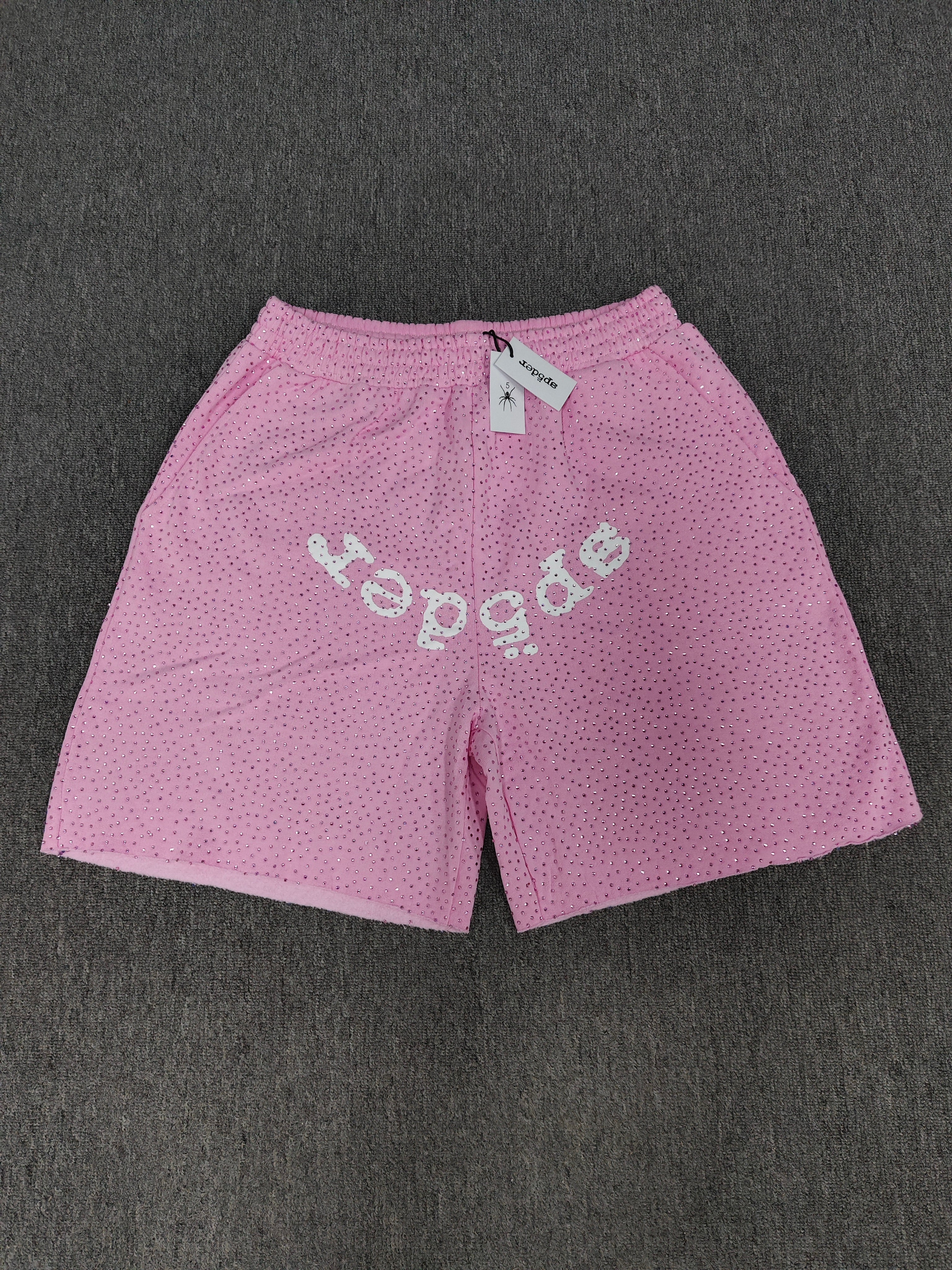 Multicolor Sp5der VVS shorts featuring all-over rhinestone details