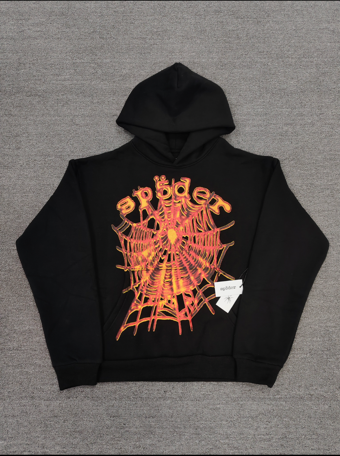a Sp5der OG Web V2 Hoodie in a fire-like orange contrast on a black base.