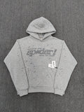 a Sp5der Tonal Punk V2 Hoodie in Sport Grey, featuring a rhinestone-embellished logo and scattered star graphics