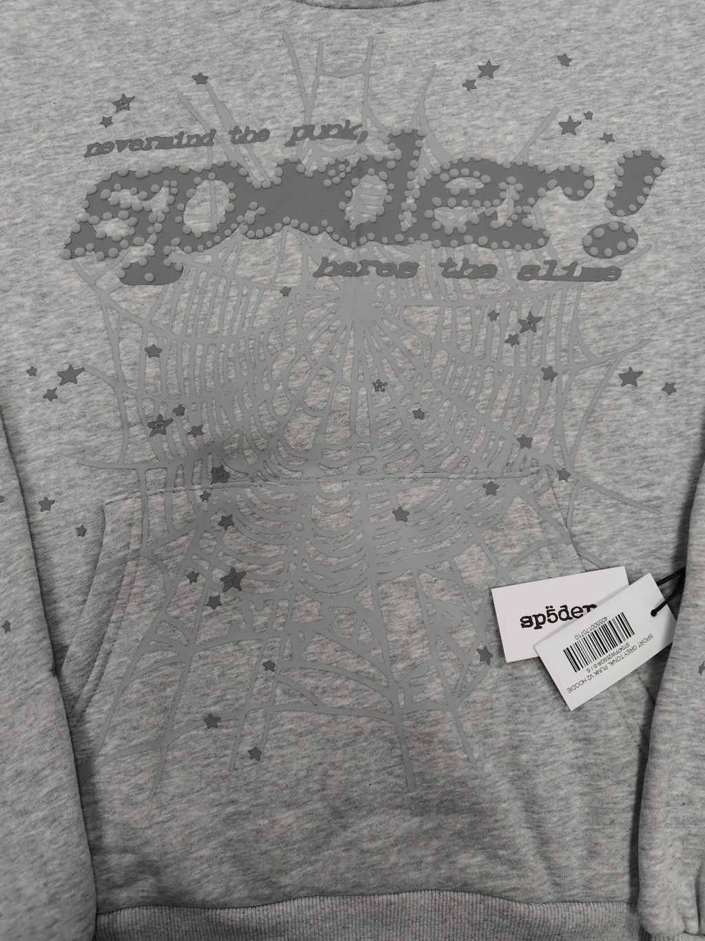 a Sp5der Tonal Punk V2 Hoodie in Sport Grey, featuring a rhinestone-embellished logo and scattered star graphics