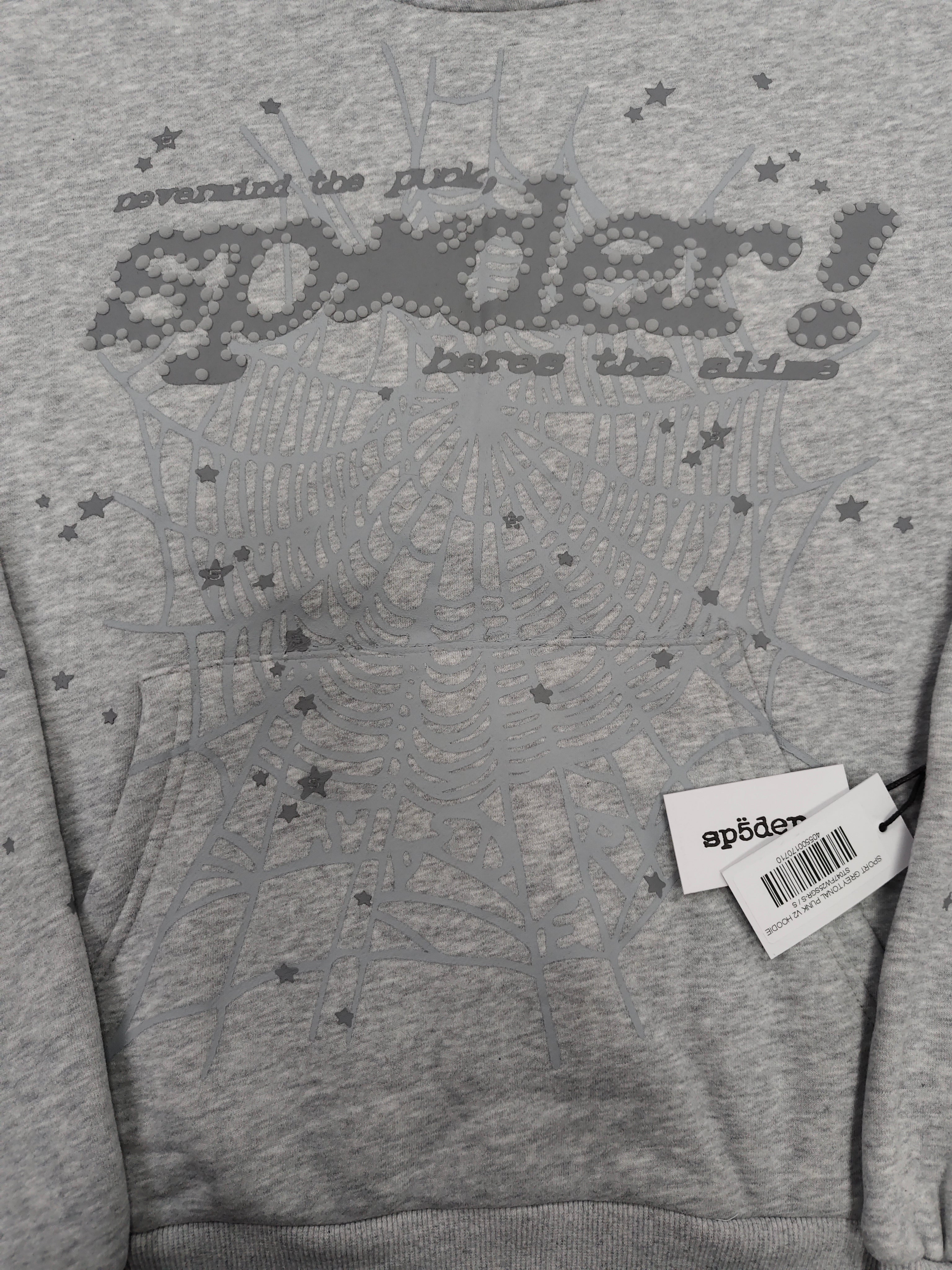 a Sp5der Tonal Punk V2 Hoodie in Sport Grey, featuring a rhinestone-embellished logo and scattered star graphics