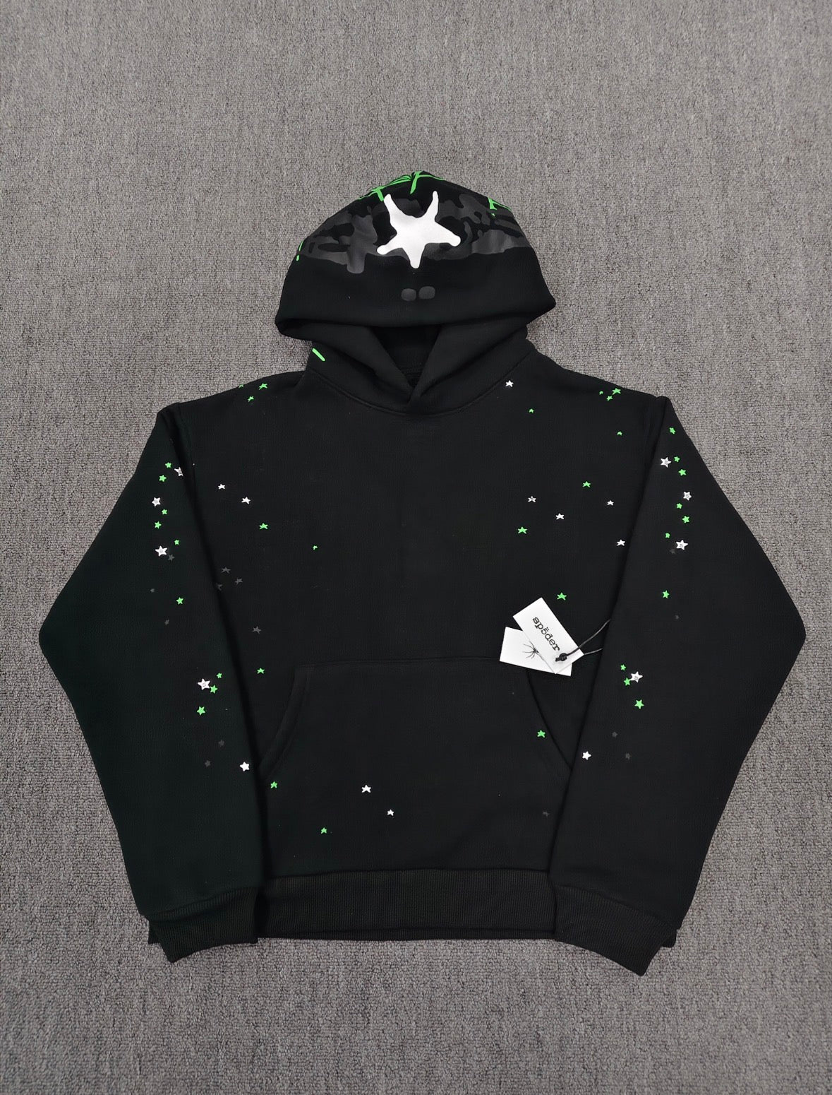 Sp5der Heavy Web Hoodie in black features a striking green and white star graphic print