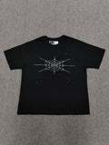 black Sp5der Rhinestone Silk Tee features a prominent crystal-embellished spider web graphic on the chest