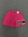 pink shorts Sp5der "Punk V2" collection, featuring rhinestone branding and scattered star graphics