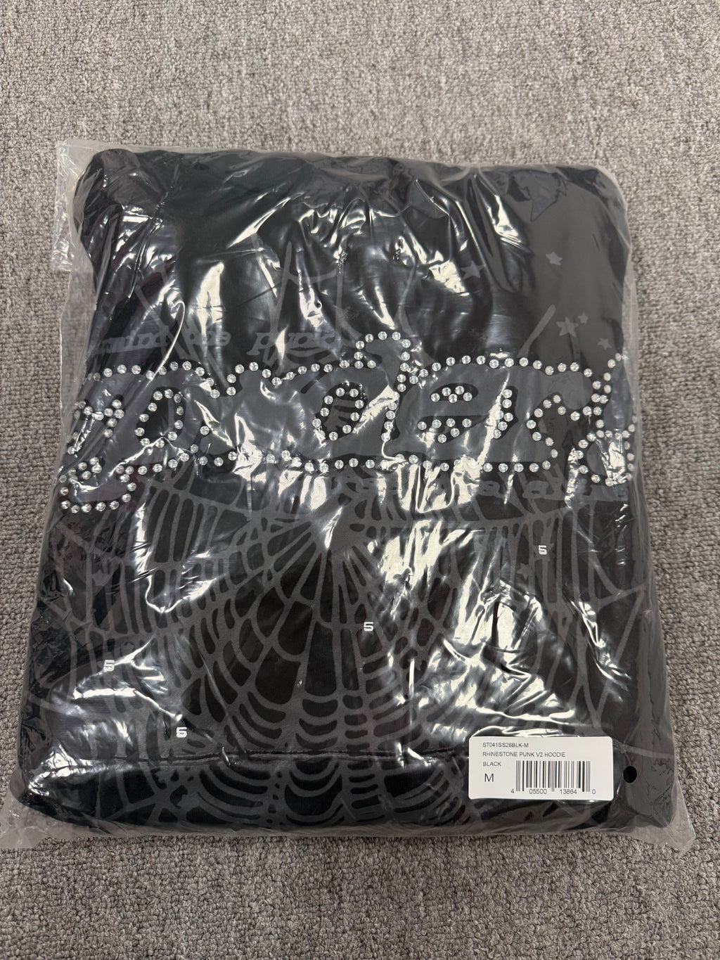 Sp5der Rhinestone Punk V2 hoodie in black with rhinestone web graphics