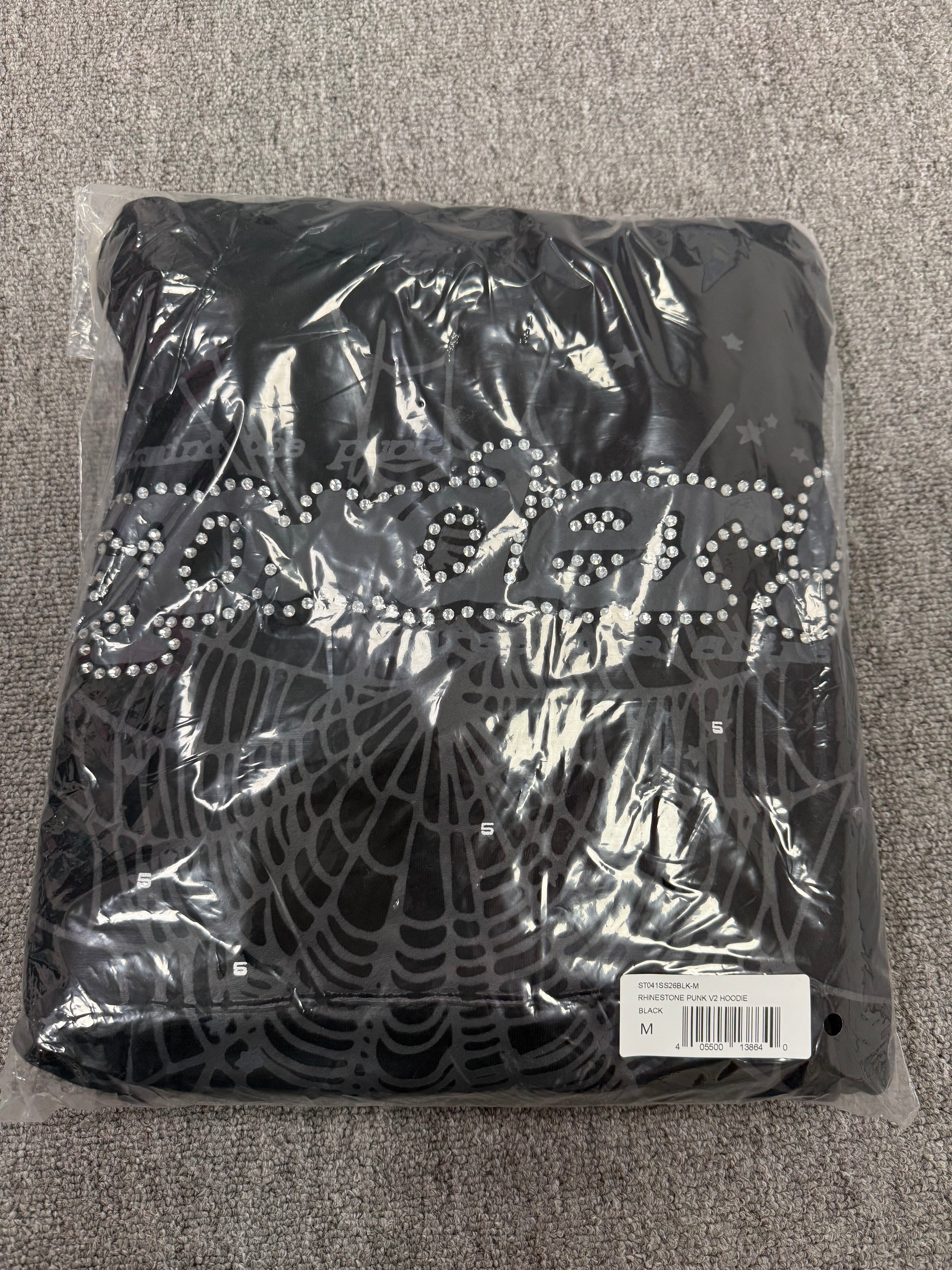 Sp5der Rhinestone Punk V2 hoodie in black with rhinestone web graphics