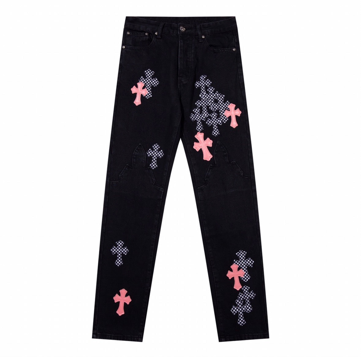 Chrome Hearts jeans featuring pink leather and checkered pony hair cross patches