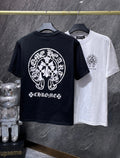 These are Chrome Hearts T-shirts featuring a large Triple Cross Horseshoe graphic in black or white